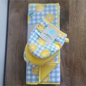 New Martha Stewart Lemon Reversible Kitchen Drying Mats Set of 2 & Mini Mitts